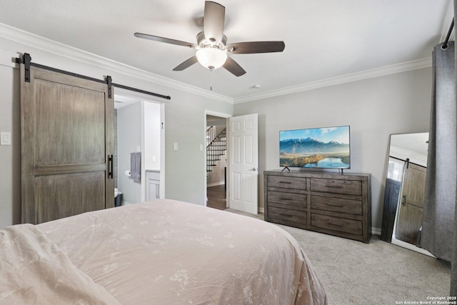 1710 Searcy, San Antonio, TX 78232 - carpeted bedroom with a barn door, crown molding, and a ceiling fan