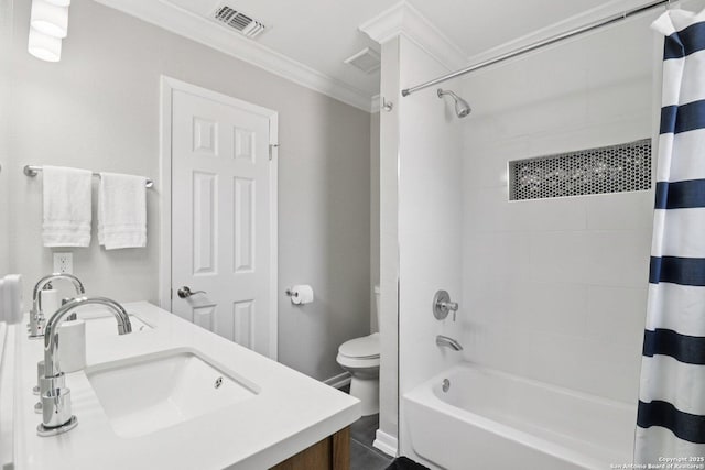 1710 Searcy, San Antonio, TX 78232 - bathroom featuring ornamental molding, shower / bathtub combination with curtain, and double vanity