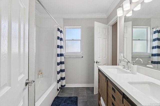 1710 Searcy, San Antonio, TX 78232 - full bathroom with double vanity, crown molding, shower / bath combo with shower curtain, and tile patterned floors