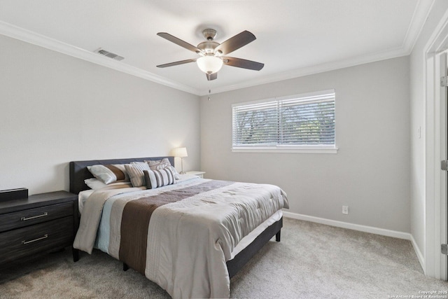 1710 Searcy, San Antonio, TX 78232 - bedroom with light colored carpet, ornamental molding, and a ceiling fan