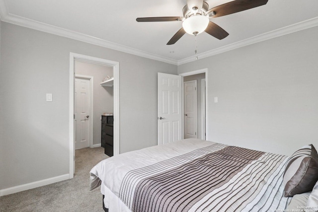 1710 Searcy, San Antonio, TX 78232 - bedroom featuring light colored carpet, crown molding, a ceiling fan, and connected bathroom