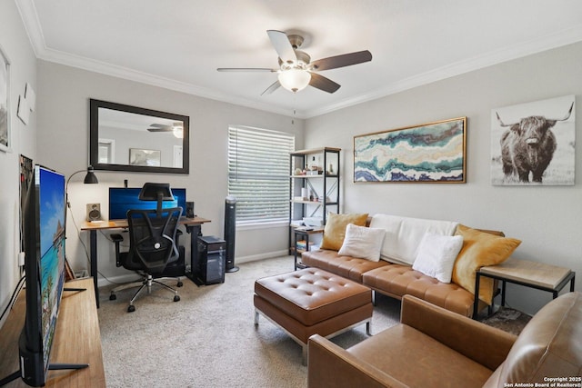 1710 Searcy, San Antonio, TX 78232 - home office with ceiling fan, ornamental molding, and carpet