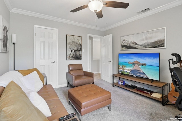1710 Searcy, San Antonio, TX 78232 - living area with a ceiling fan, carpet flooring, and ornamental molding