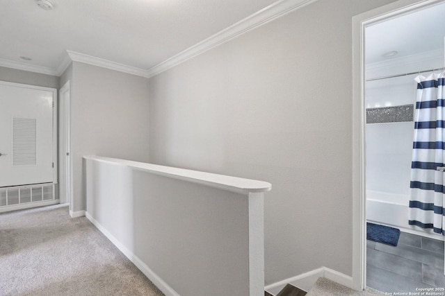 1710 Searcy, San Antonio, TX 78232 - hall featuring an upstairs landing, crown molding, and carpet flooring