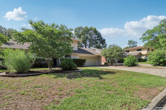 1710 Searcy, San Antonio, TX 78232 - view of property hidden behind natural elements featuring an attached garage, driveway, a front lawn, and brick siding
