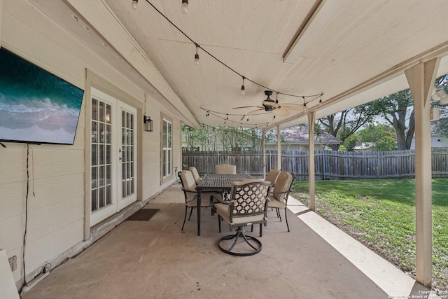 1710 Searcy, San Antonio, TX 78232 - fenced backyard featuring a patio, outdoor dining area, french doors, and a ceiling fan