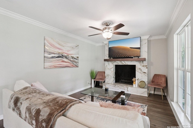1710 Searcy, San Antonio, TX 78232 - living area featuring crown molding, wood finished floors, a ceiling fan, and a premium fireplace