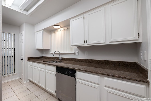 11839 Parliament Unit 511, San Antonio, TX 78216 - kitchen featuring stainless steel dishwasher, white cabinetry, light tile patterned floors, and dark stone countertops