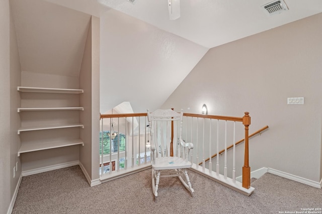 127 Sunflower Ln, San Antonio, TX 78213 - unfurnished room featuring an upstairs landing, lofted ceiling, carpet, and a ceiling fan