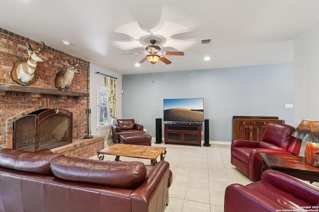 127 Sunflower Ln, San Antonio, TX 78213 - living room featuring a ceiling fan, light tile patterned flooring, a brick fireplace, and recessed lighting