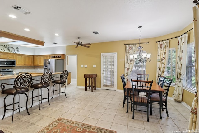 127 Sunflower Ln, San Antonio, TX 78213 - dining room with a chandelier, light tile patterned flooring, recessed lighting, and ceiling fan
