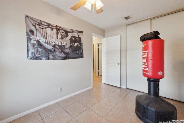 5311 Light House, San Antonio, TX 78242 - exercise area featuring a ceiling fan and tile patterned flooring