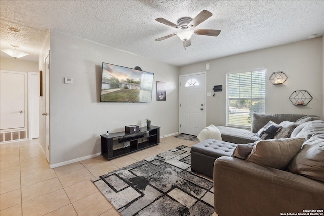 5311 Light House, San Antonio, TX 78242 - living room with light tile patterned flooring, a ceiling fan, and a textured ceiling