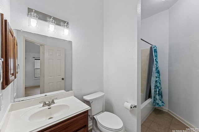 153 Bison Ln, Cibolo, TX 78108 - bathroom featuring vanity, tile patterned flooring, and shower / tub combo with curtain