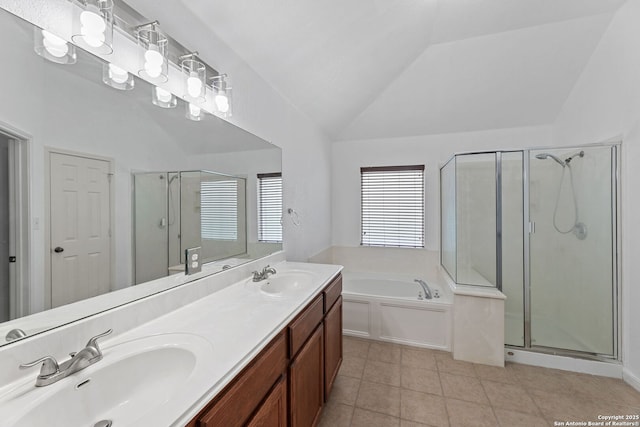153 Bison Ln, Cibolo, TX 78108 - bathroom featuring lofted ceiling, a shower stall, a garden tub, tile patterned flooring, and double vanity