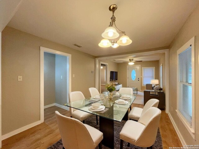 443 Seele, New Braunfels, TX 78130 - dining space with light wood finished floors, a ceiling fan, and a chandelier