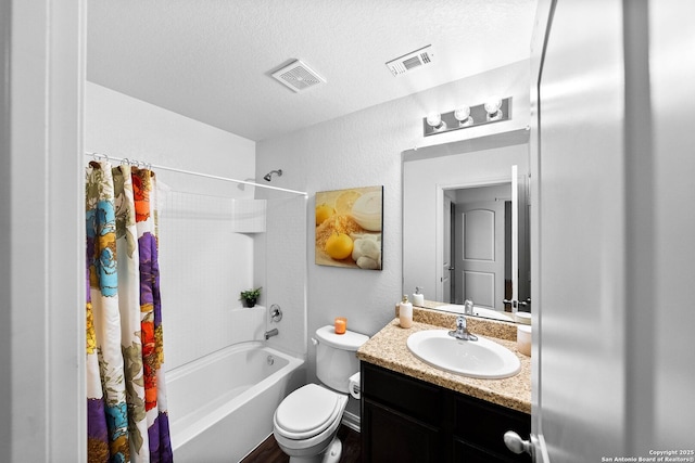 3827 Southton Vw, San Antonio, TX 78222 - bathroom with shower / bath combination with curtain, vanity, a textured ceiling, and a textured wall