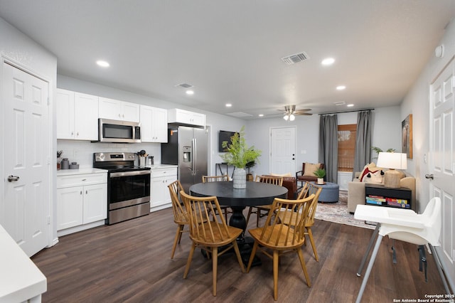 559 W Nacogdoches St, New Braunfels, TX 78130 - dining space featuring dark wood finished floors, ceiling fan, and recessed lighting