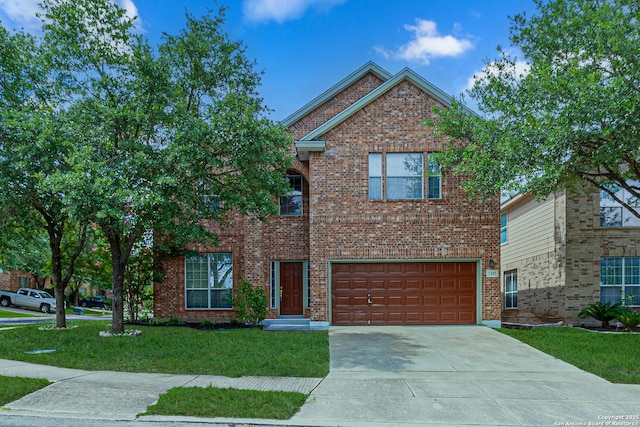 1203 Ganton, San Antonio, TX 78260 - traditional-style home featuring a garage, a front yard, concrete driveway, and brick siding
