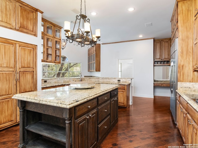 6 De Zavala, Shavano Park, TX 78231 - kitchen with open shelves, a chandelier, recessed lighting, light stone countertops, and dark wood finished floors
