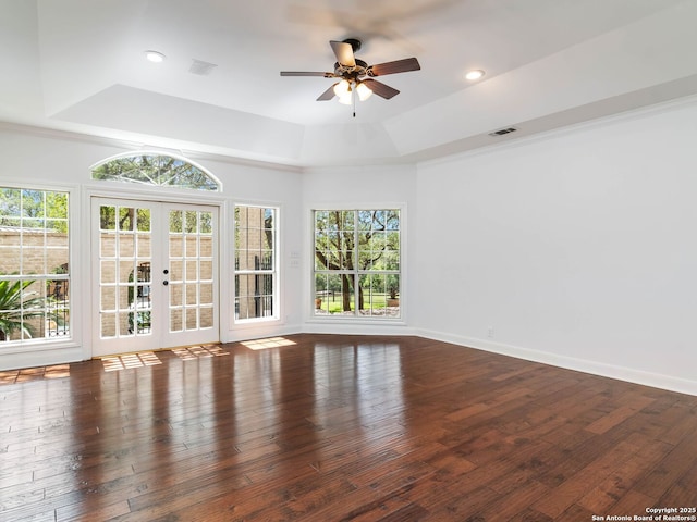 6 De Zavala, Shavano Park, TX 78231 - unfurnished room with a raised ceiling, french doors, ceiling fan, hardwood / wood-style flooring, and recessed lighting