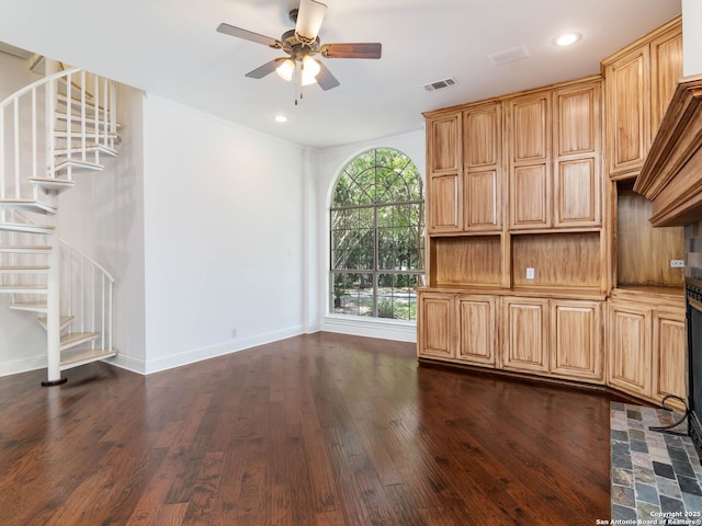 6 De Zavala, Shavano Park, TX 78231 - unfurnished living room with stairs, dark wood-type flooring, ceiling fan, and recessed lighting