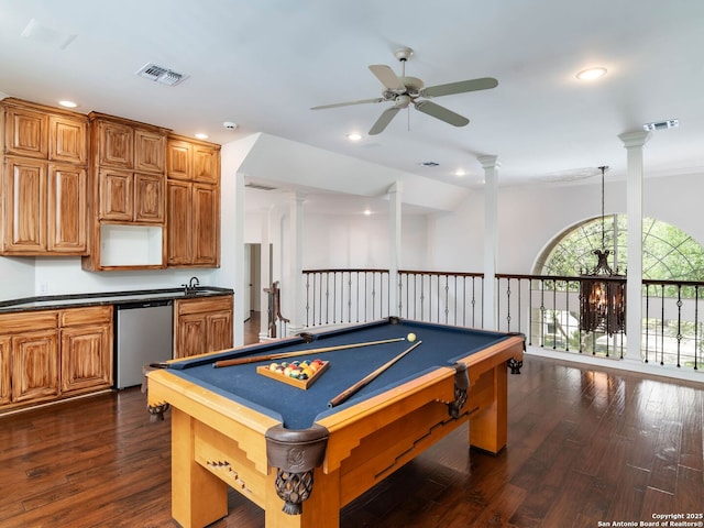 6 De Zavala, Shavano Park, TX 78231 - game room with ceiling fan, dark wood-style flooring, recessed lighting, ornate columns, and billiards