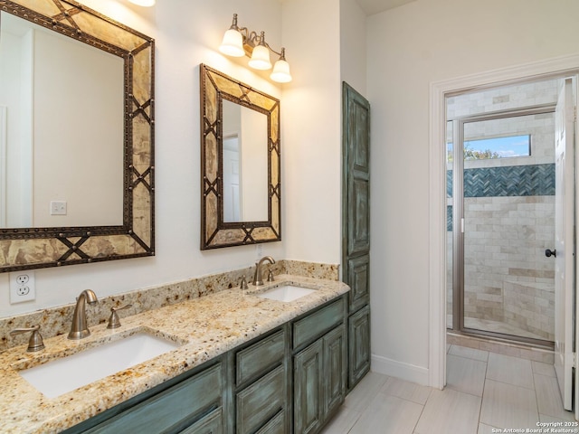 6 De Zavala, Shavano Park, TX 78231 - bathroom featuring a shower stall, double vanity, and tile patterned flooring