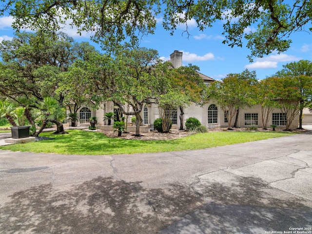 6 De Zavala, Shavano Park, TX 78231 - view of property hidden behind natural elements with a front lawn, a chimney, and stucco siding
