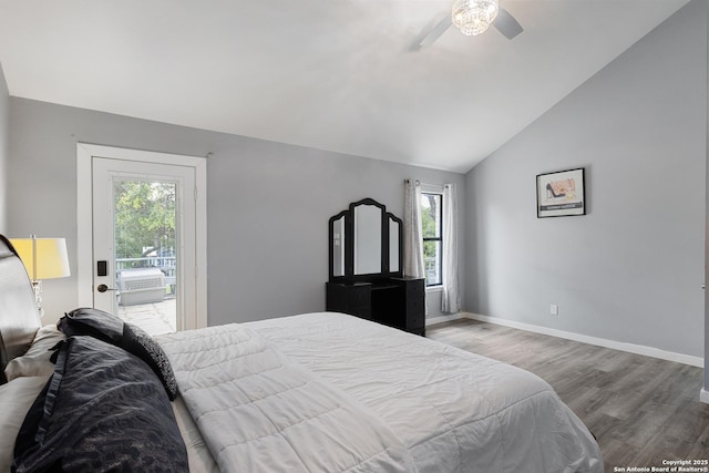 1654 Rob Roy, San Antonio, TX 78251 - bedroom featuring lofted ceiling, multiple windows, access to outside, wood finished floors, and ceiling fan