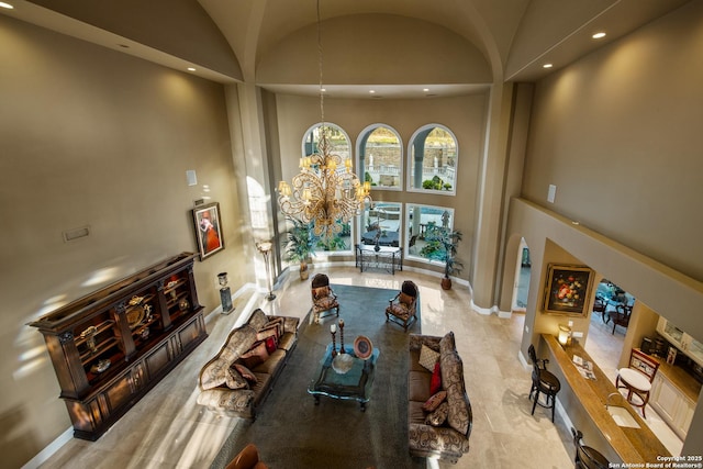 2 Admirals Way, San Antonio, TX 78257 - living room with high vaulted ceiling, recessed lighting, and a chandelier