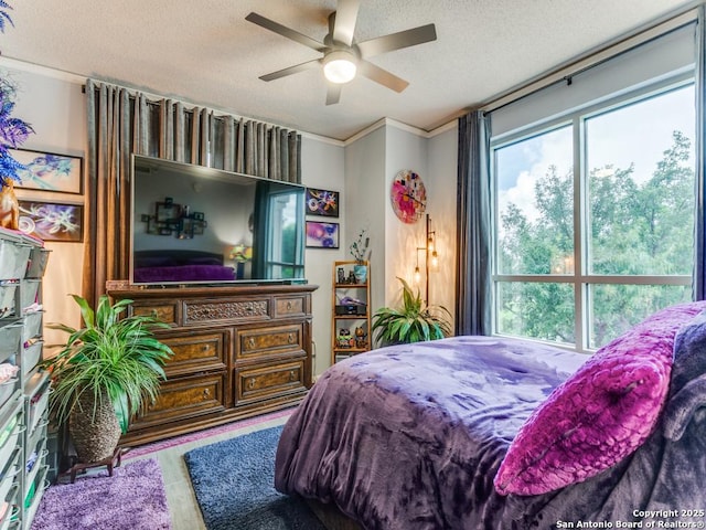 1 Towers Park Unit 211, San Antonio, TX 78209 - bedroom featuring a textured ceiling, ornamental molding, wood finished floors, and a ceiling fan