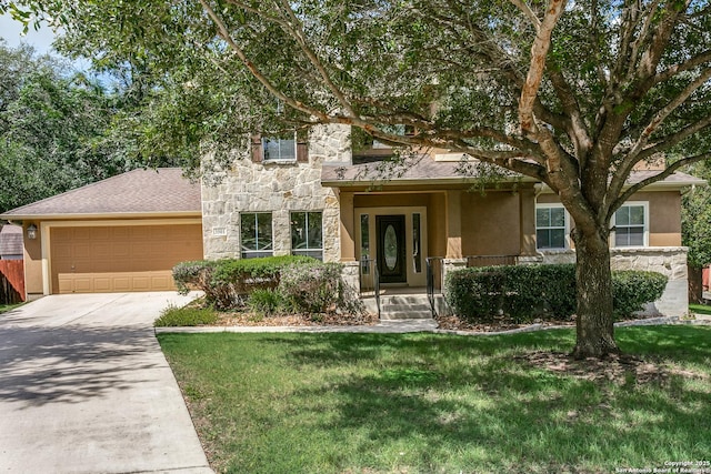 3501 Big Horn, Schertz, TX 78154 - view of property hidden behind natural elements with stone siding, stucco siding, a garage, and driveway