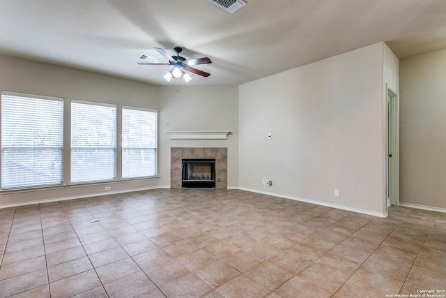 3501 Big Horn, Schertz, TX 78154 - unfurnished living room with ceiling fan, a fireplace, and light tile patterned floors