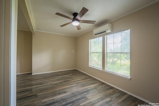 9071 Fm 725, Mcqueeney, TX 78123 - unfurnished room with a wall mounted air conditioner, a ceiling fan, dark wood-style floors, and ornamental molding