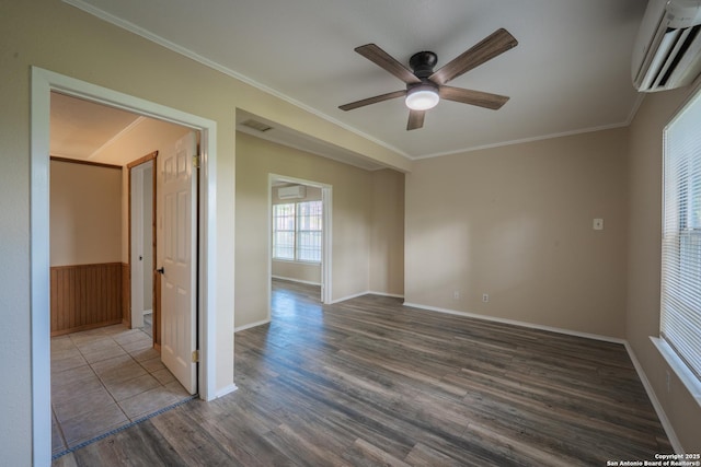9071 Fm 725, Mcqueeney, TX 78123 - unfurnished room with a wall mounted AC, ceiling fan, dark wood-style floors, and ornamental molding