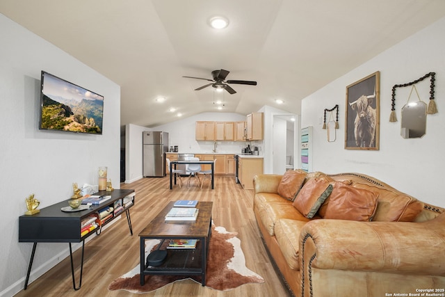 1162 Thunder Cloud, Spring Branch, TX 78070 - living area with light wood-style floors, ceiling fan, vaulted ceiling, and recessed lighting