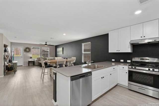 6041 Vestige Bnd, Bulverde, TX 78163 - kitchen featuring stainless steel appliances, under cabinet range hood, a peninsula, white cabinets, and light wood-style flooring