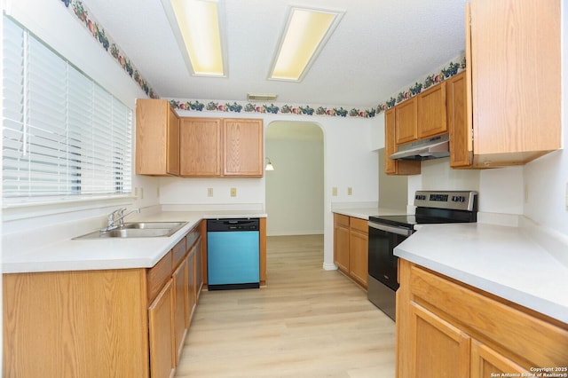 5510 Camry Spgs, San Antonio, TX 78251 - kitchen with dishwasher, stainless steel electric range oven, under cabinet range hood, light wood-type flooring, and light countertops