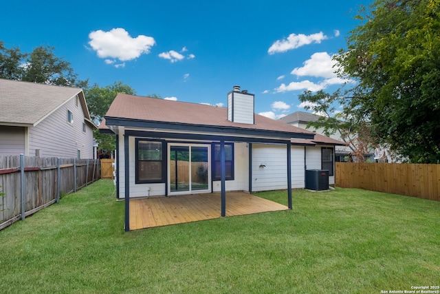 16738 Stoney Glade, San Antonio, TX 78247 - rear view of house with a fenced backyard, a wooden deck, and a chimney