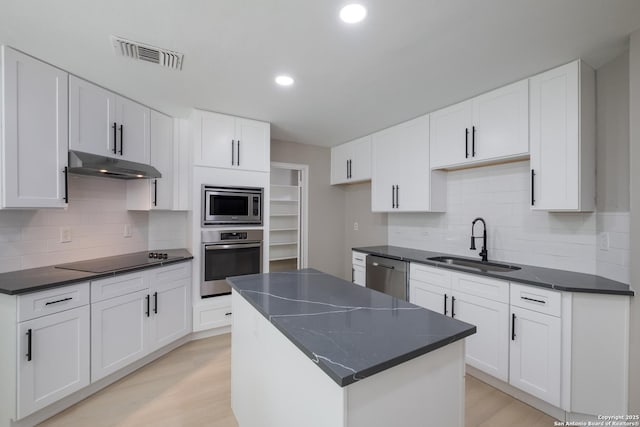 16738 Stoney Glade, San Antonio, TX 78247 - kitchen with stainless steel appliances, under cabinet range hood, dark countertops, backsplash, and recessed lighting