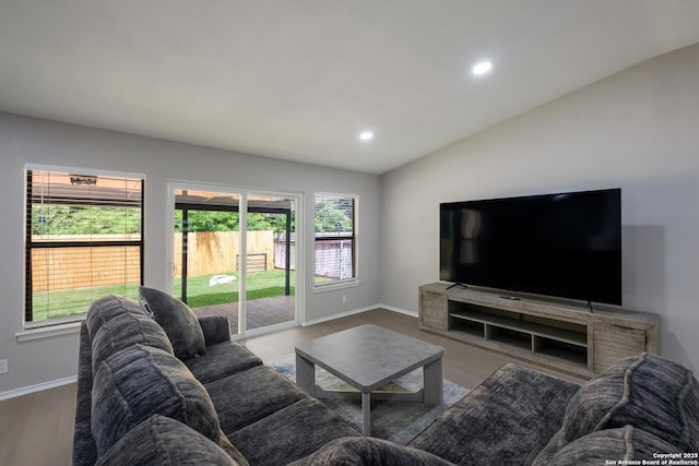16738 Stoney Glade, San Antonio, TX 78247 - living room featuring wood finished floors, recessed lighting, and lofted ceiling