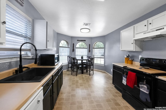 6206 Heathers Cv, San Antonio, TX 78227 - kitchen with black appliances, under cabinet range hood, white cabinets, and light countertops