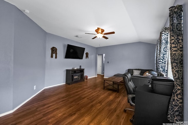 6206 Heathers Cv, San Antonio, TX 78227 - home office featuring a ceiling fan, wood finished floors, and lofted ceiling