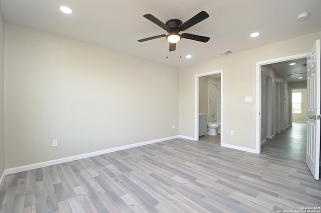 165 N San Felipe, San Antonio, TX 78237 - unfurnished bedroom with light wood finished floors, recessed lighting, ensuite bath, and ceiling fan