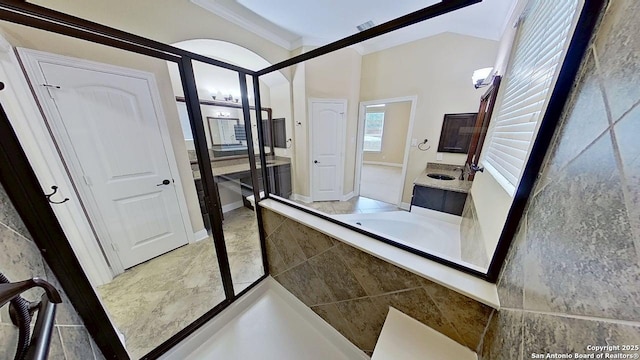 13230 Helotes, Helotes, TX 78023 - full bath with a relaxing tiled tub, vanity, and ornamental molding