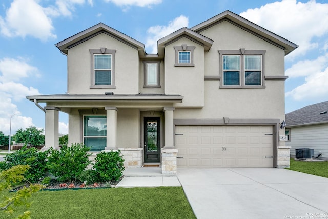 6838 Dashmoor Crk, San Antonio, TX 78244 - view of front facade featuring stucco siding, a garage, driveway, a front lawn, and stone siding