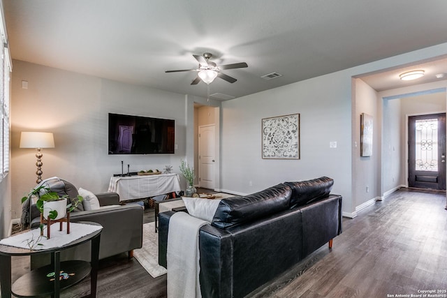 6838 Dashmoor Crk, San Antonio, TX 78244 - living room featuring dark wood-type flooring and a ceiling fan