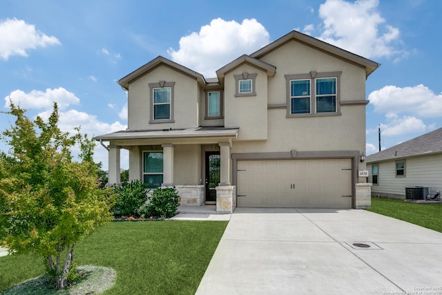 6838 Dashmoor Crk, San Antonio, TX 78244 - view of front of house with stucco siding, a garage, a front lawn, and driveway