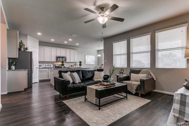 6838 Dashmoor Crk, San Antonio, TX 78244 - living area with ceiling fan, dark wood-style floors, and recessed lighting